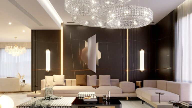 Sala de estar luxuosa com sofá seccional e iluminação indireta