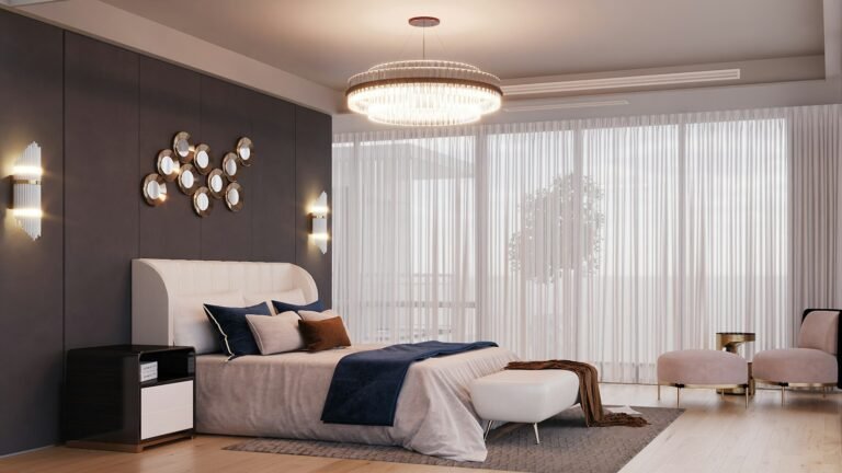 Quarto de casal com decoração moderna e janelas amplas