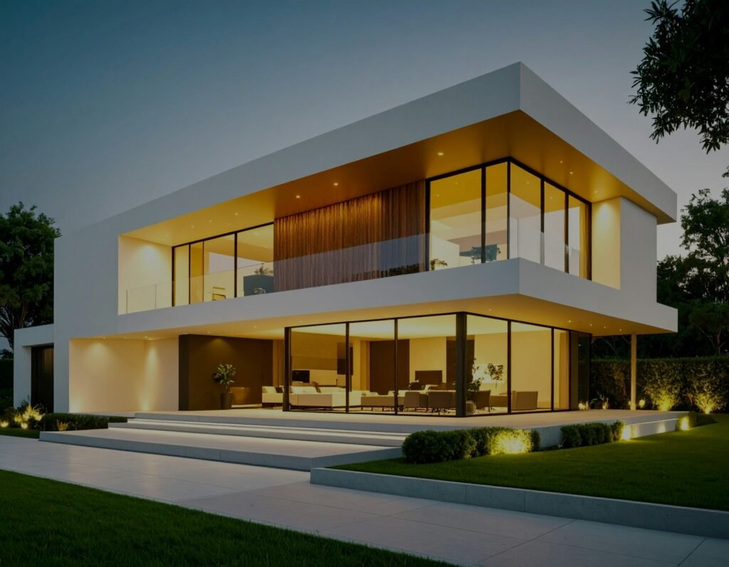 Residência moderna iluminada com fachada em vidro